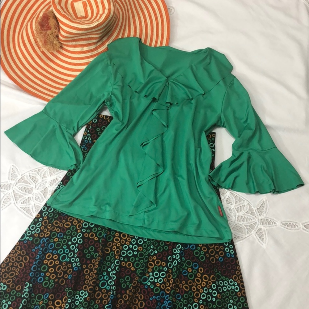 NIGELA Emerald Green Ruffled 3/4 Bell Sleeve Stretchy Top XS